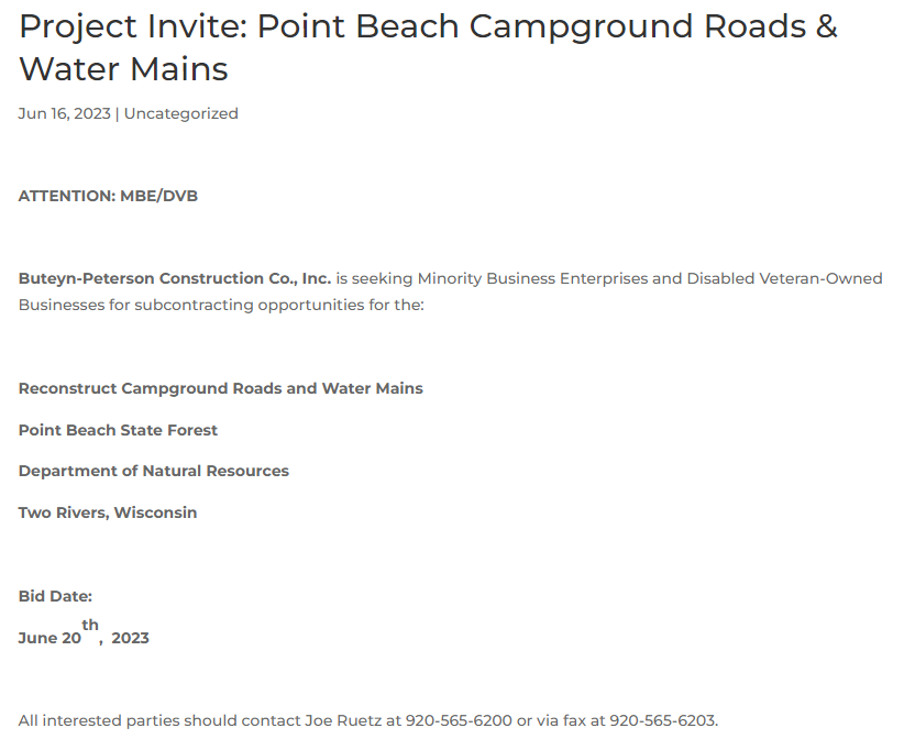 Project Invite: Point Beach Campground Roads & Water Mains